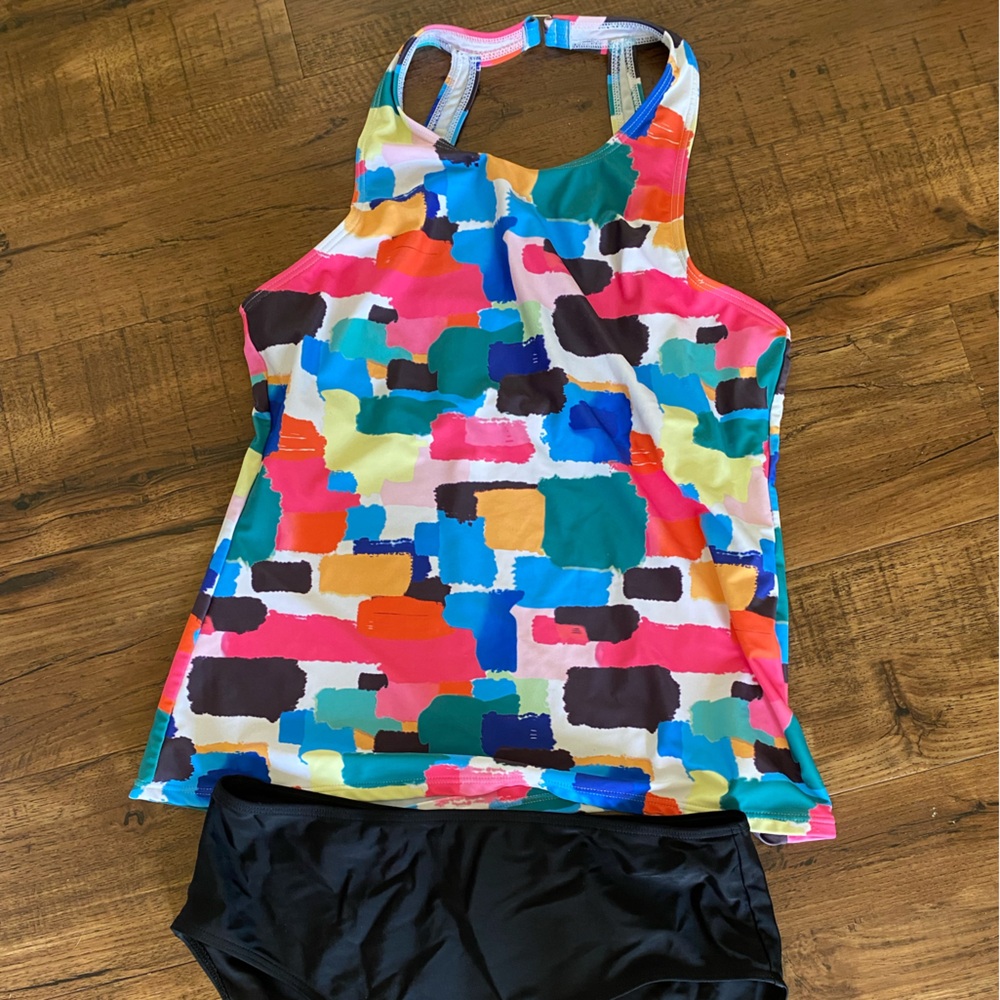 Colorful Abstract Print Tankini with Black bottoms